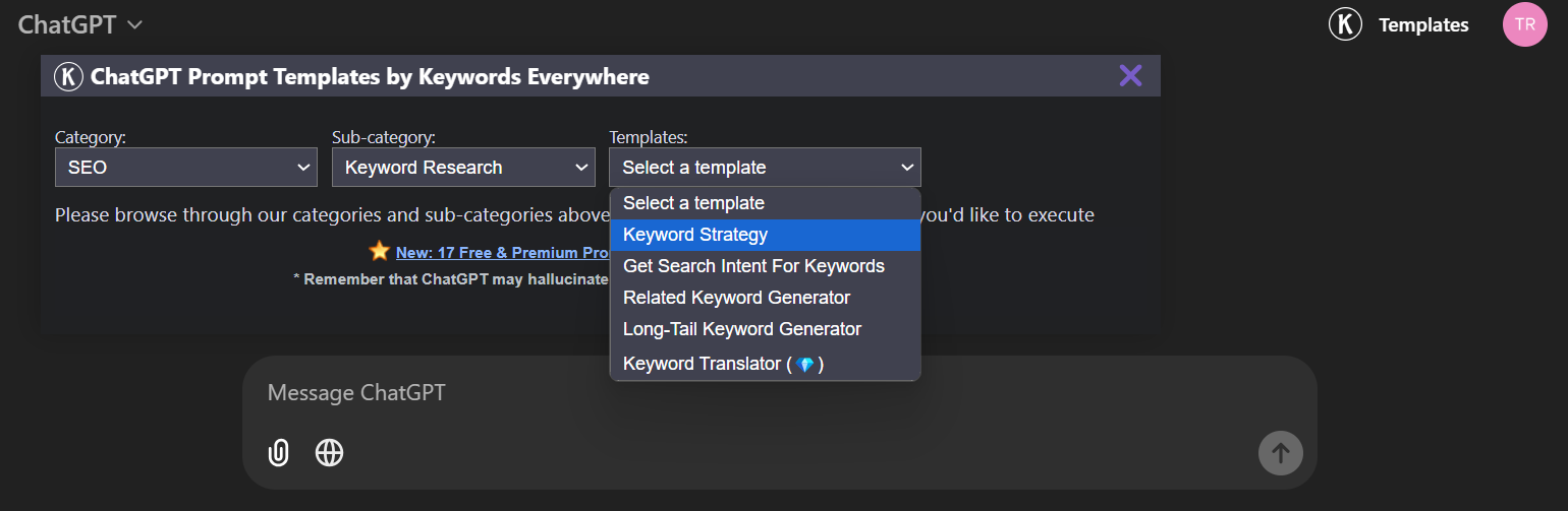 giao diện keyword everywhere trong chatgpt