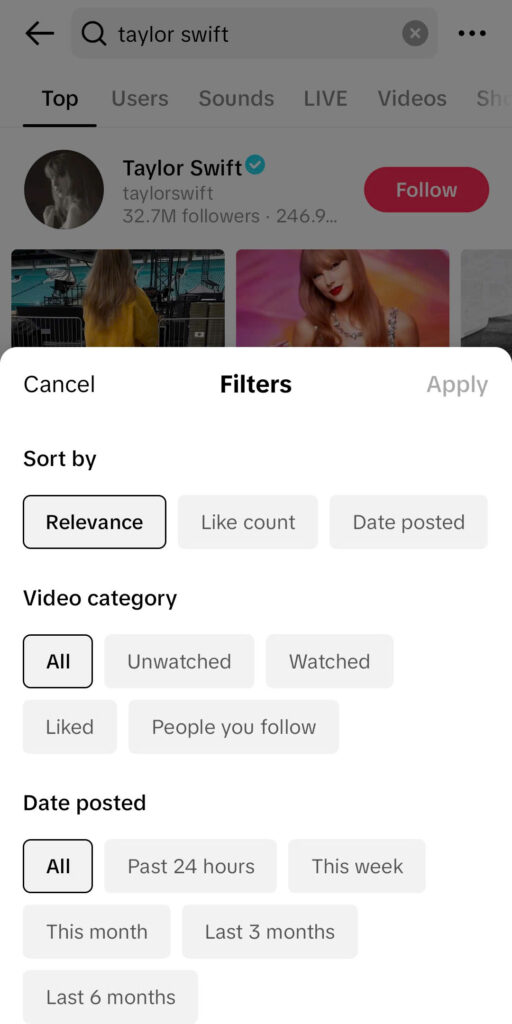 bộ lọc tìm kiếm TikTok